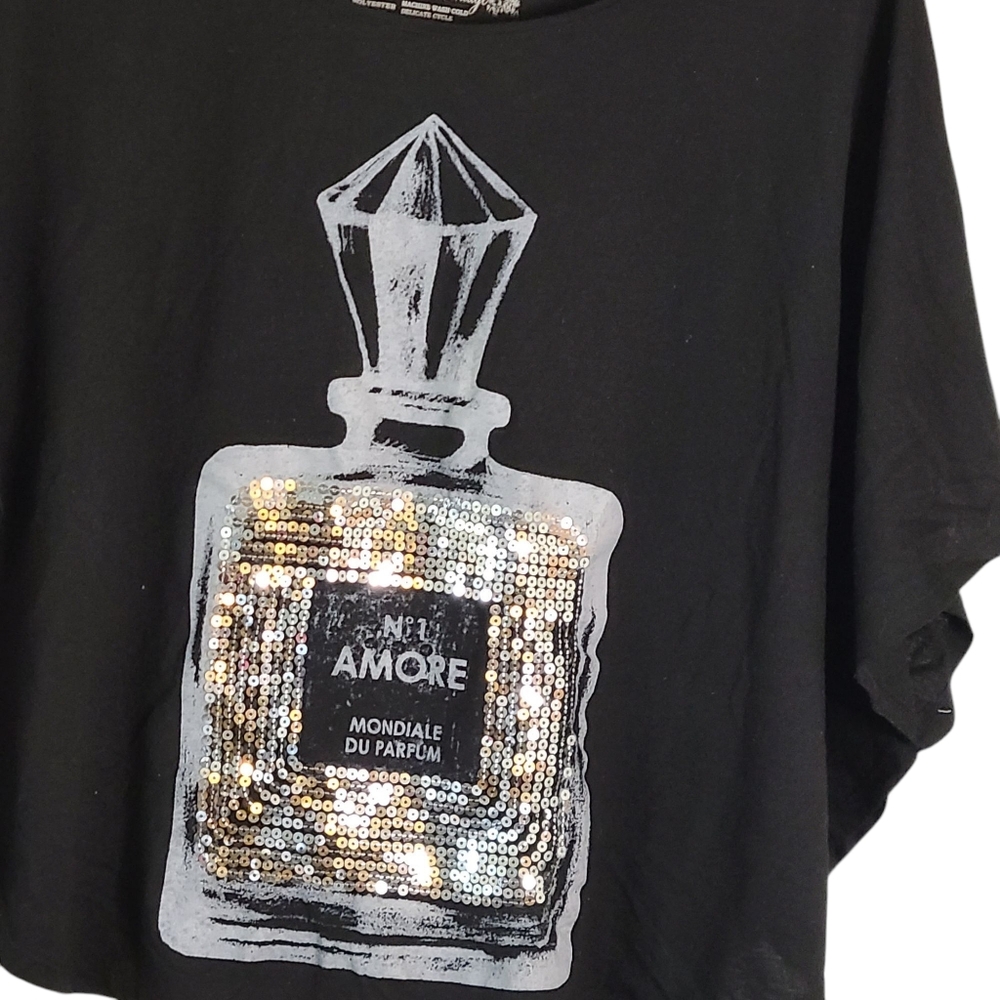 Black Graphic Tee with Sequin Perfume Bottle Design Lol Vintage Large Glam - Picture 3 of 5